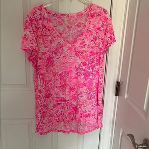 Lilly Pulitzer Pink Neon Floral V-Neck Short Sleeve Tee